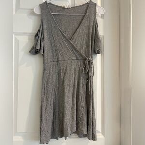 Open Shoulder Gray Ribbed Faux Wrap Mini Summer Dress Size S